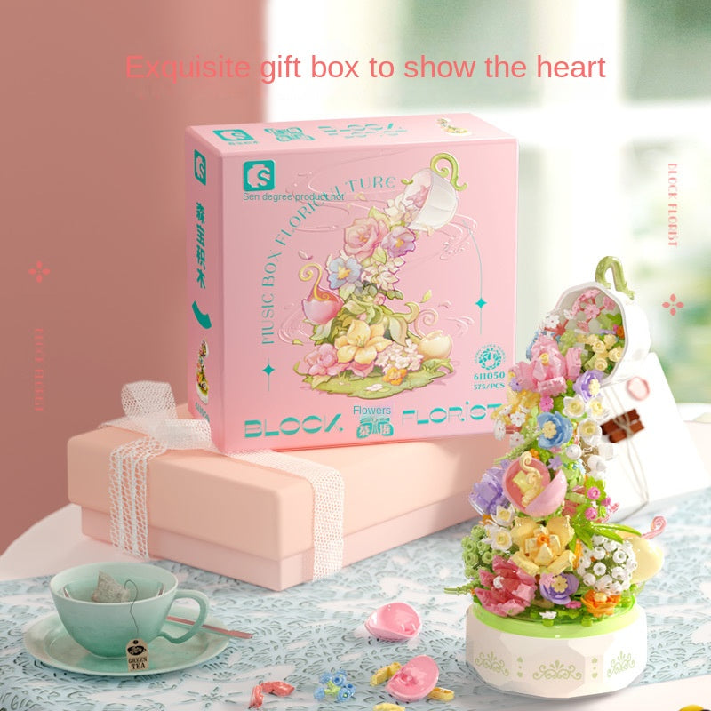 Decorative Building Block Flower Music Box Gift With Lights
