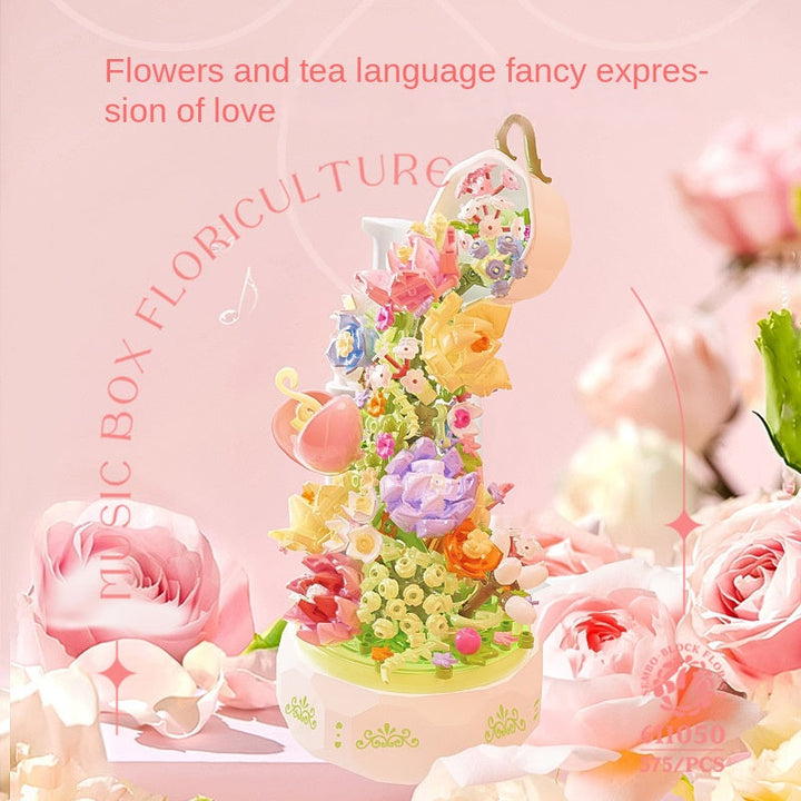 Decorative Building Block Flower Music Box Gift With Lights