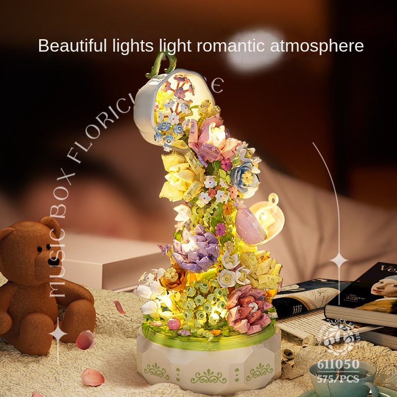 Decorative Building Block Flower Music Box Gift With Lights