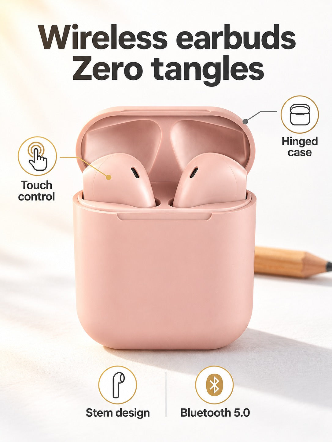 Pink Wireless Earbuds with Touch Control, Bluetooth 5.0