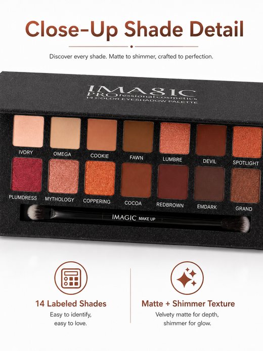 IMAGIC 14-Color Nude Matte Shimmer Eyeshadow Palette