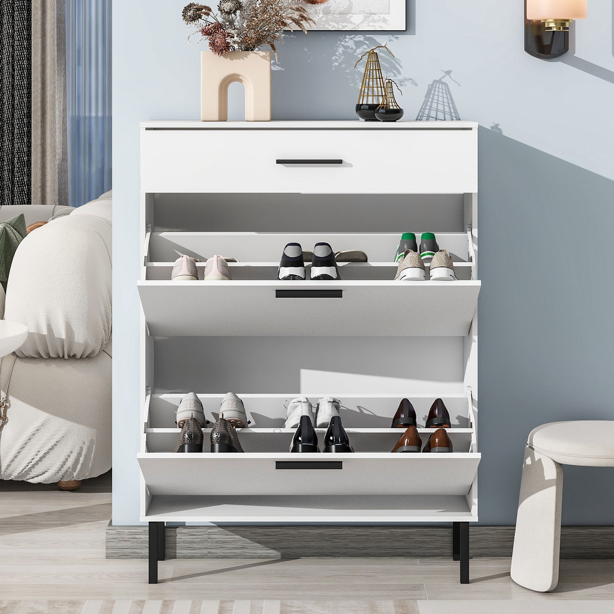 Hidden Shoe Cabinet with Flip-Down Drawers for Entryways