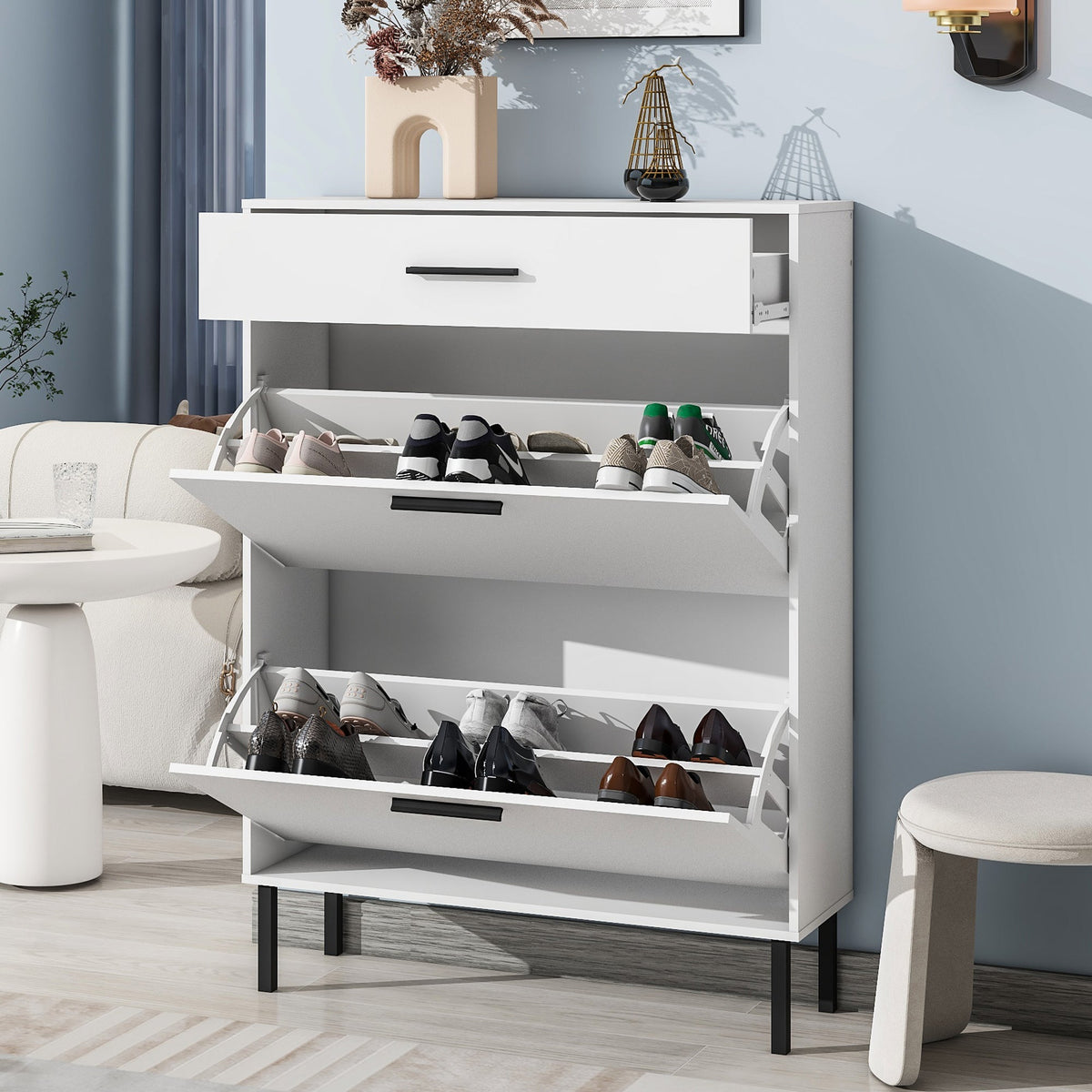 Hidden Shoe Cabinet with Flip-Down Drawers for Entryways