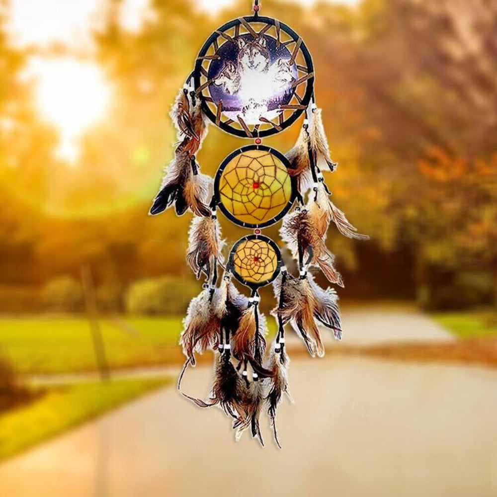 Wolf Dream Catcher Wall Hanging with Natural Feathers