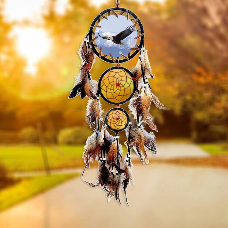 Wolf Dream Catcher Wall Hanging with Natural Feathers