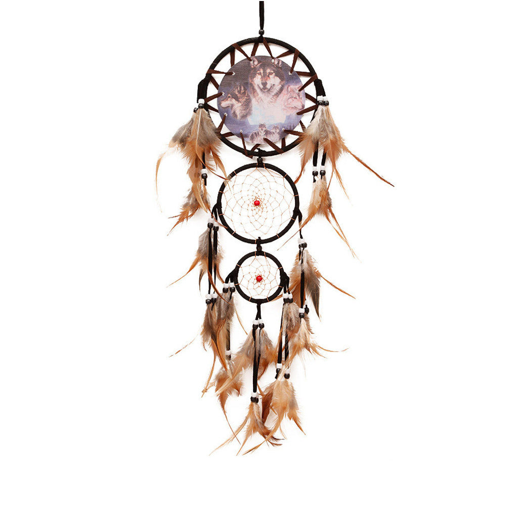 Wolf Dream Catcher Wall Hanging with Natural Feathers