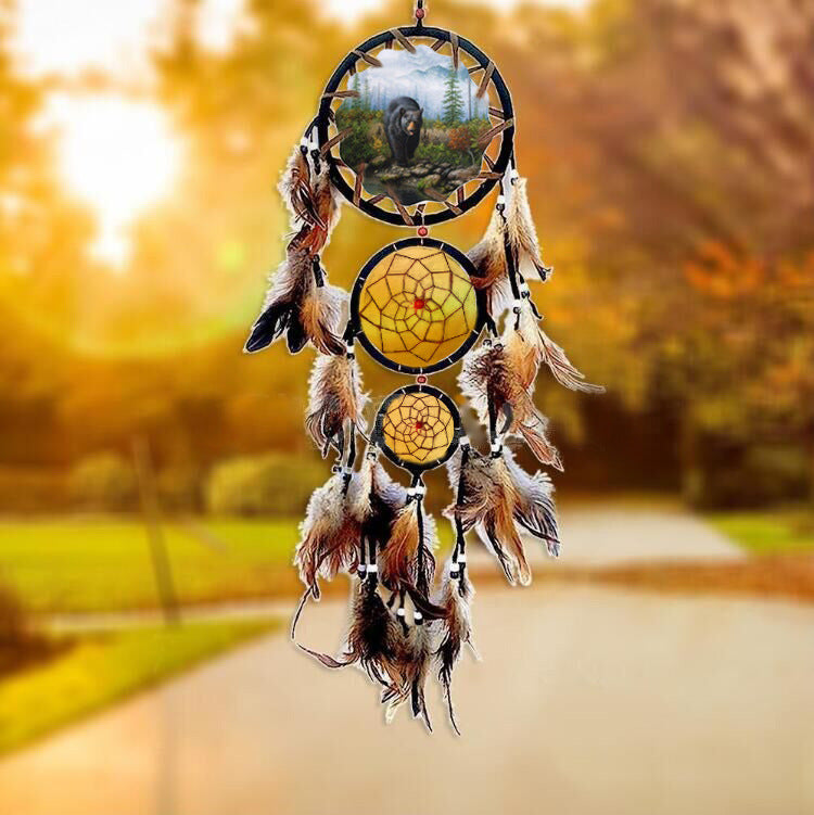 Wolf Dream Catcher Wall Hanging with Natural Feathers