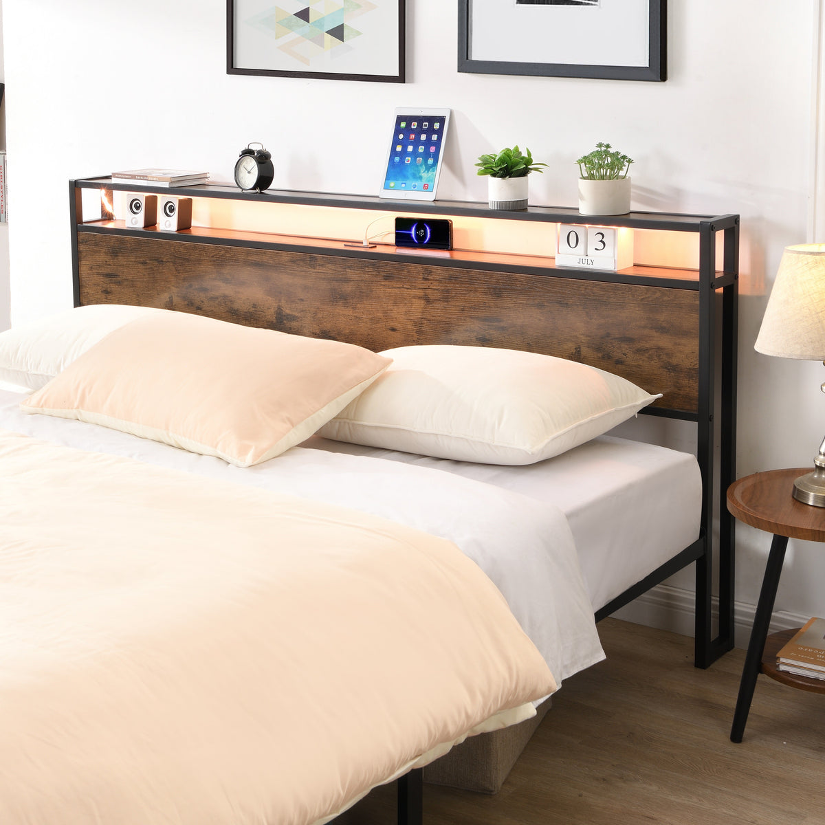 Industrial Bed Frame with LED Lights and USB Charging