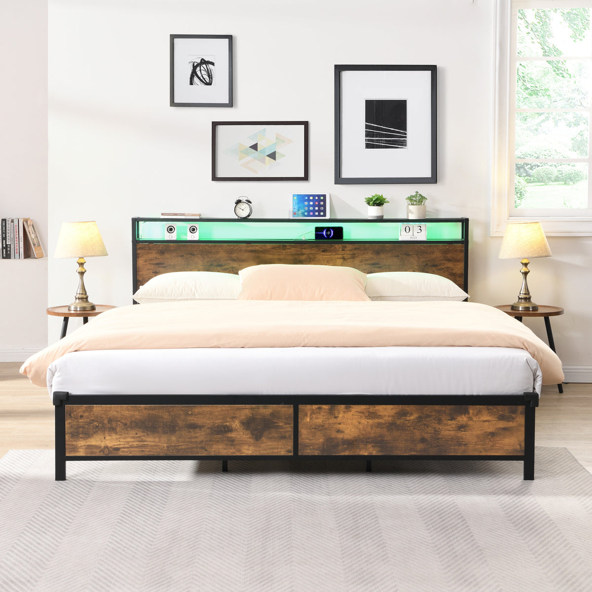 Industrial Bed Frame with LED Lights and USB Charging