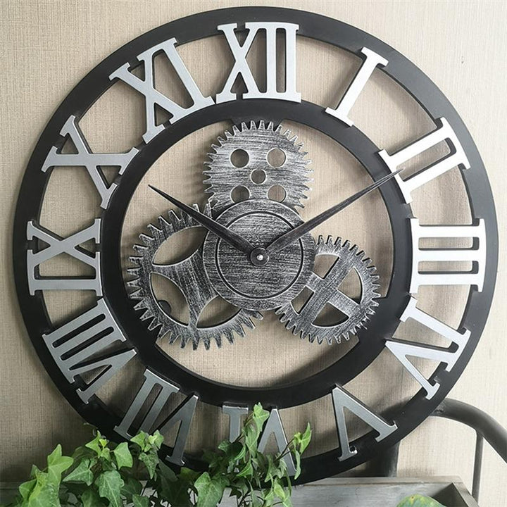 Industrial Wall Clock with Exposed Gears Statement