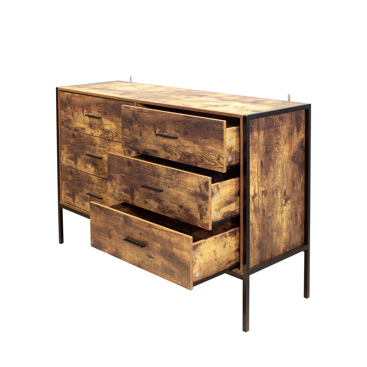 Rustic Brown 6 Drawer Dresser with Steel Frame