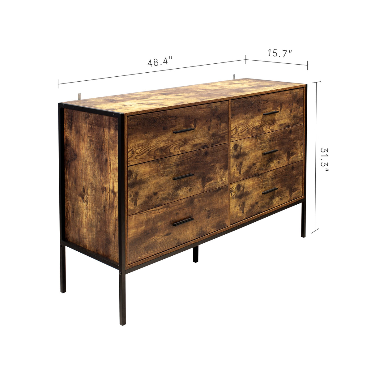 Rustic Brown 6 Drawer Dresser with Steel Frame
