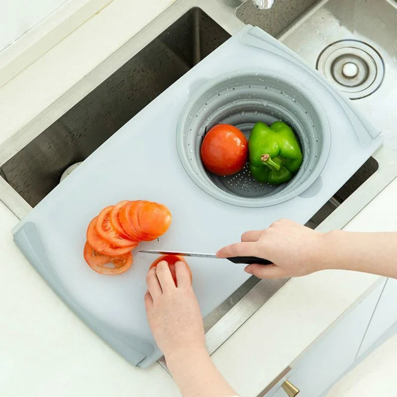 Cutting Board with Drain Basket for Small Sink Prep
