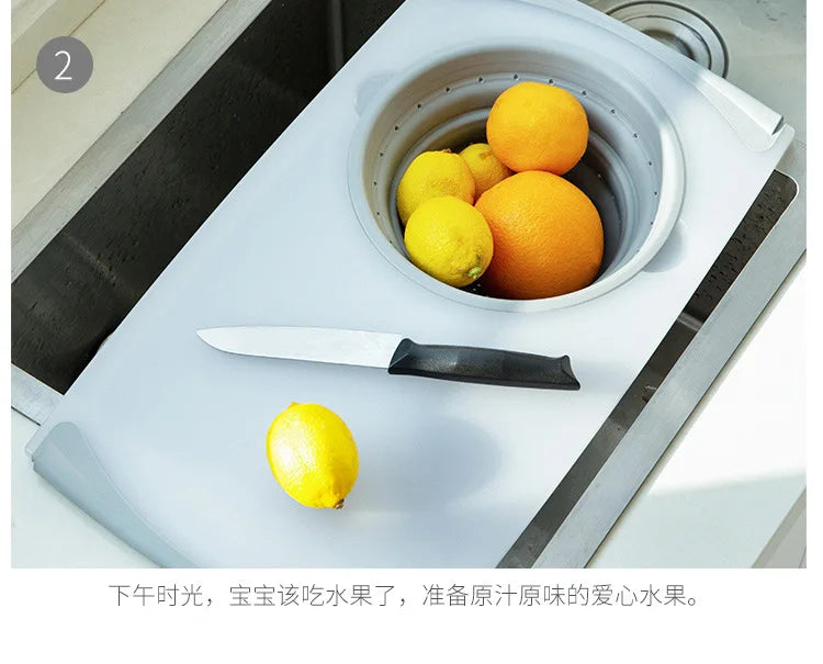 Cutting Board with Drain Basket for Small Sink Prep