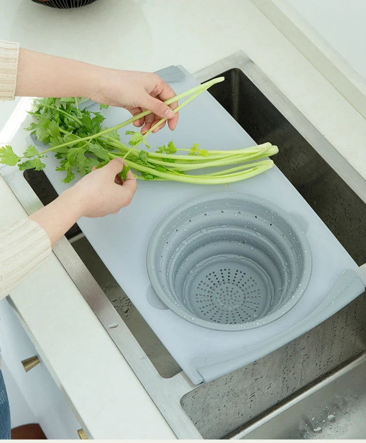 Cutting Board with Drain Basket for Small Sink Prep