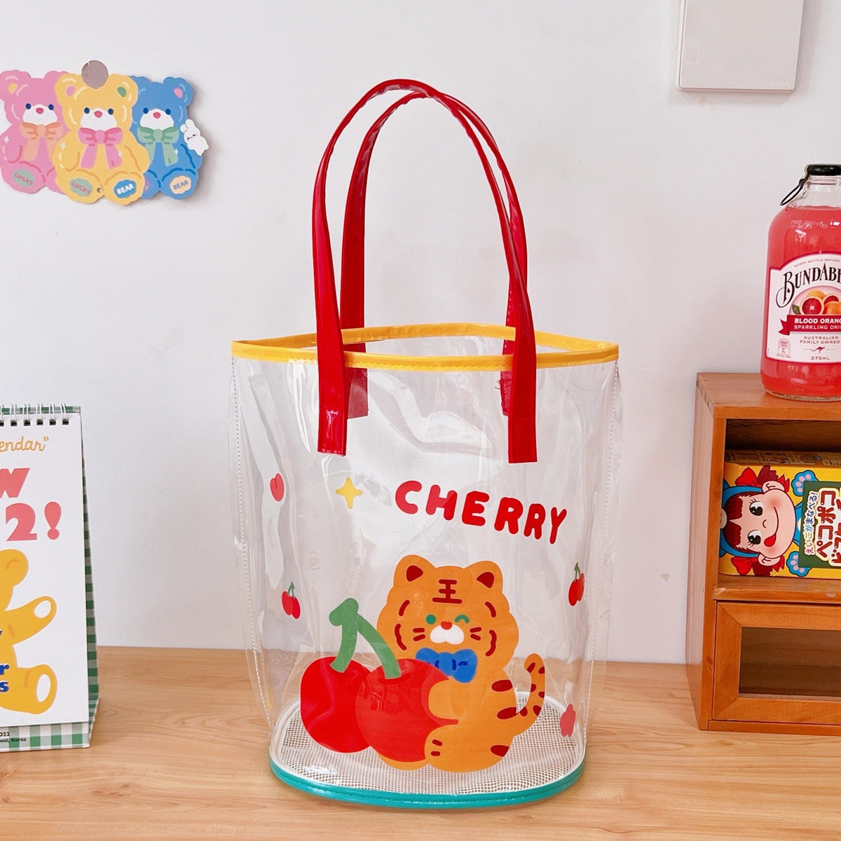 Clear PVC Beach Tote Bag with Cute Cartoon Bear Print