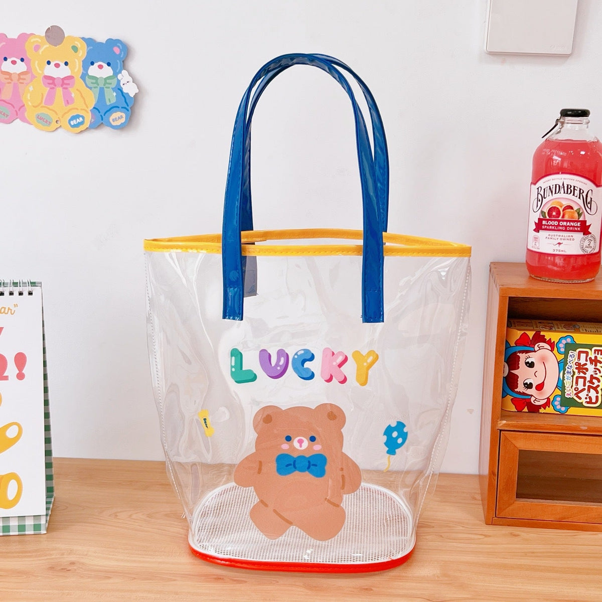 Clear PVC Beach Tote Bag with Cute Cartoon Bear Print