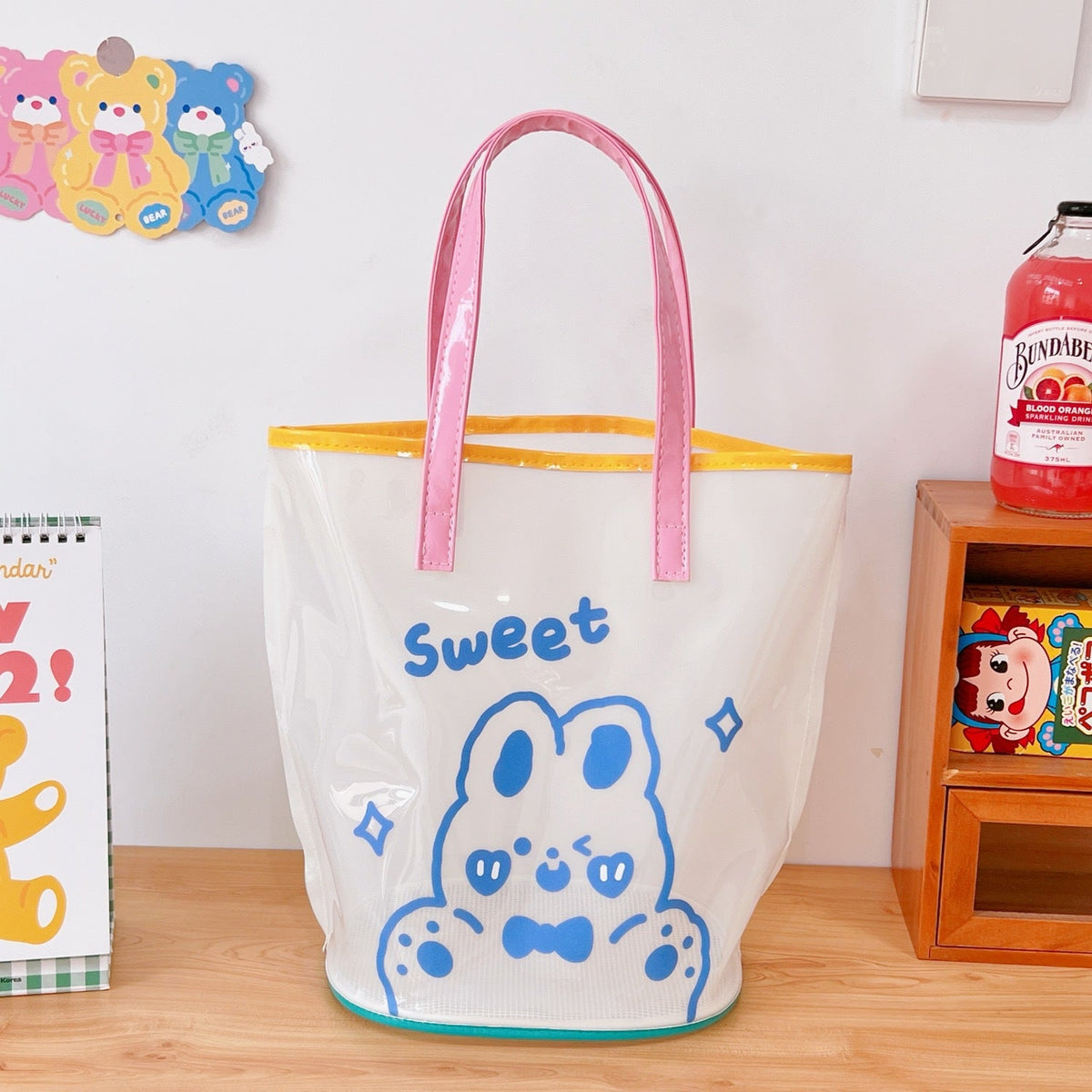 Clear PVC Beach Tote Bag with Cute Cartoon Bear Print