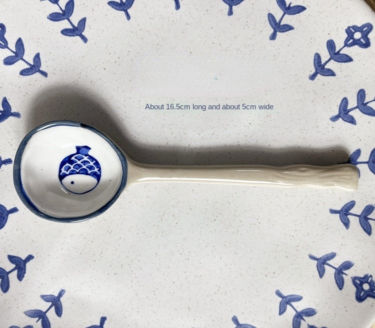 Hand-Painted Japanese Stoneware Soup Spoon, Long Handle