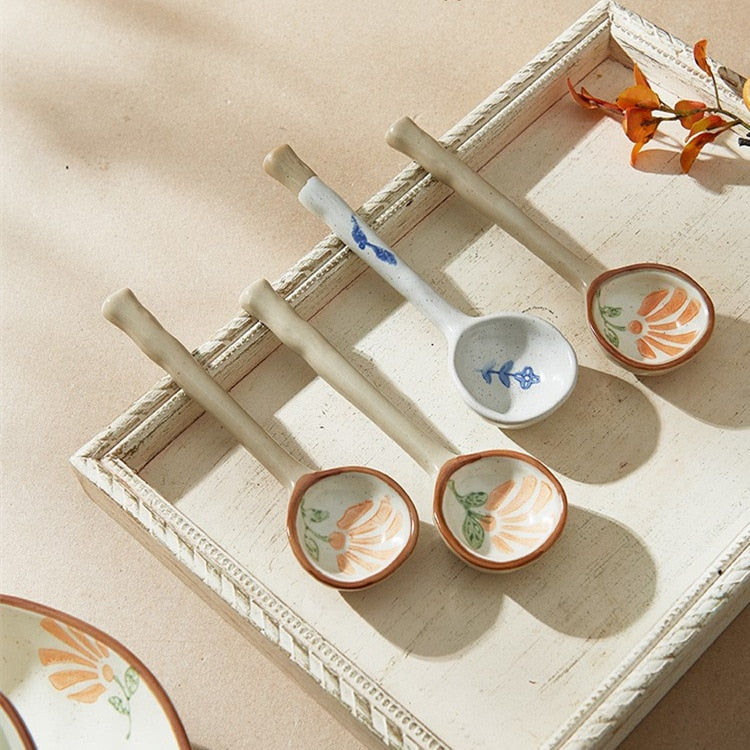 Hand-Painted Japanese Stoneware Soup Spoon, Long Handle
