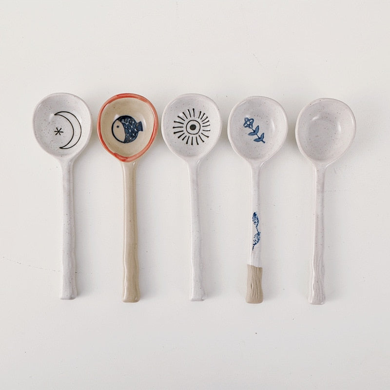 Hand-Painted Japanese Stoneware Soup Spoon, Long Handle