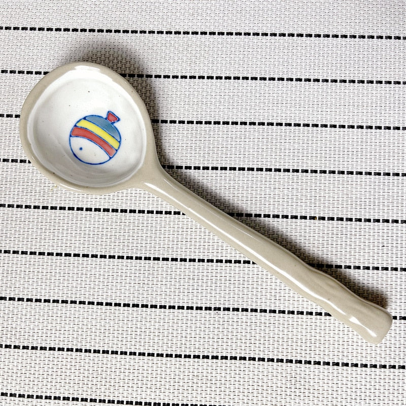 Hand-Painted Japanese Stoneware Soup Spoon, Long Handle