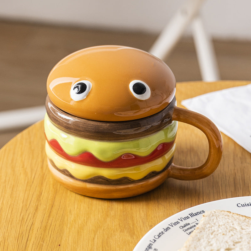 Hamburger Ceramic Mug With Lid - Fun Breakfast Cup