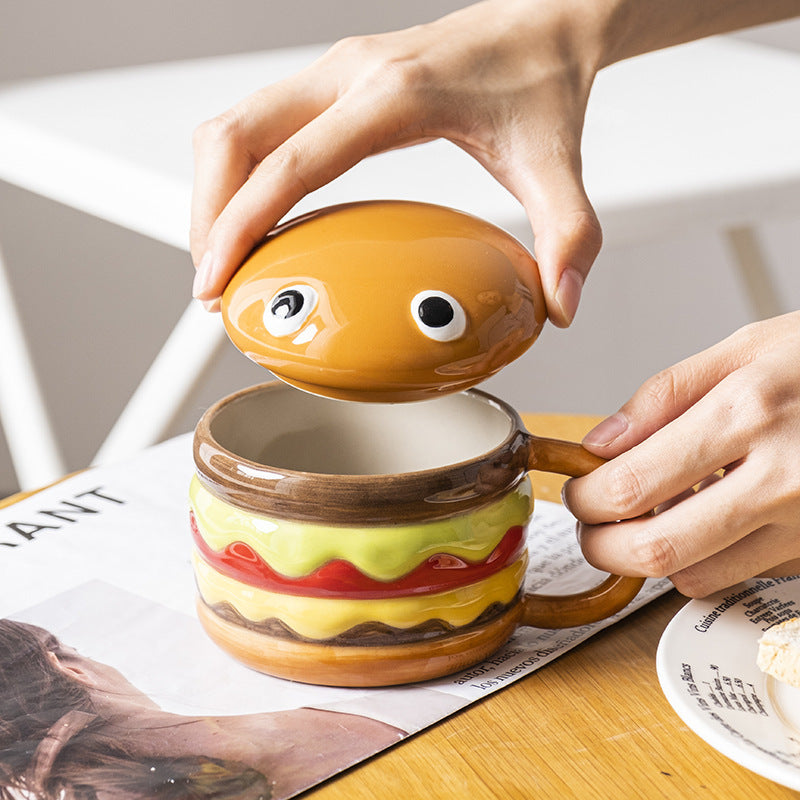 Hamburger Ceramic Mug With Lid - Fun Breakfast Cup