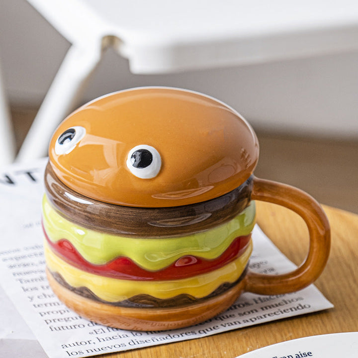Hamburger Ceramic Mug With Lid - Fun Breakfast Cup