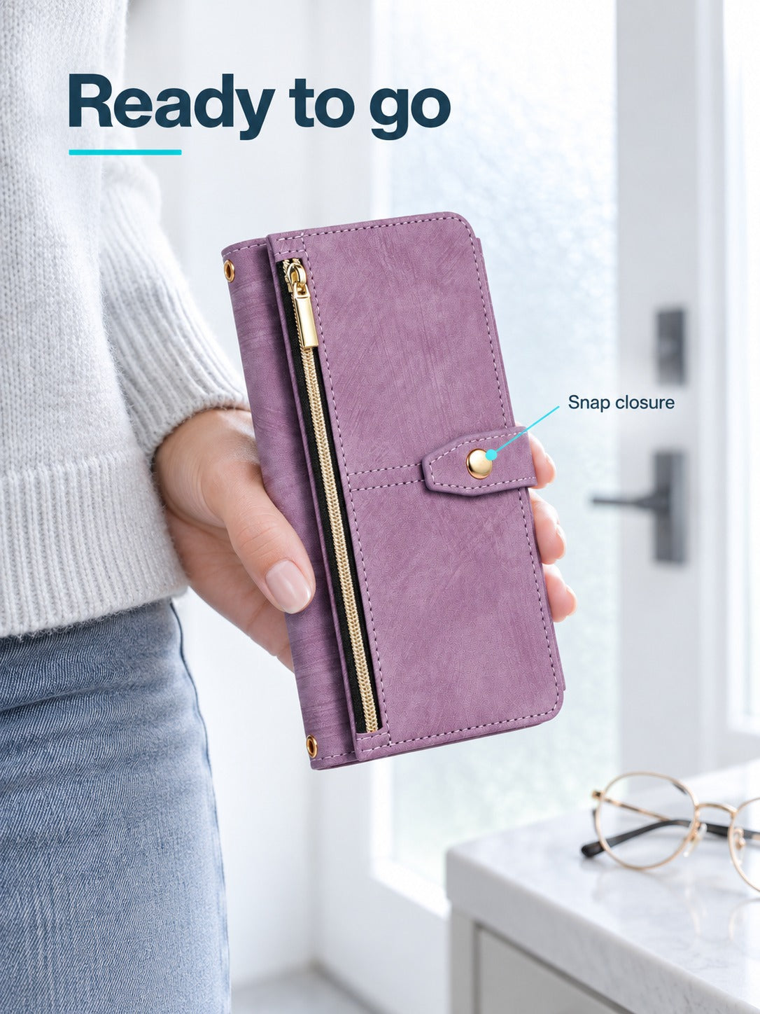 iPhone 14 Pro Max Flip Wallet Case, Purple Leather