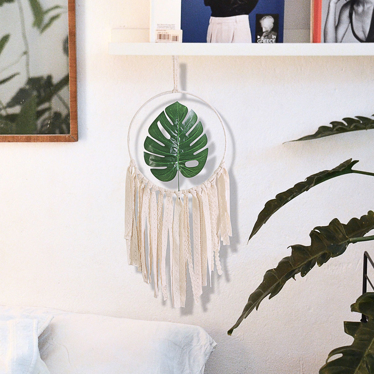 Boho Wall Hanging with Botanical Leaf and Woven Tassels