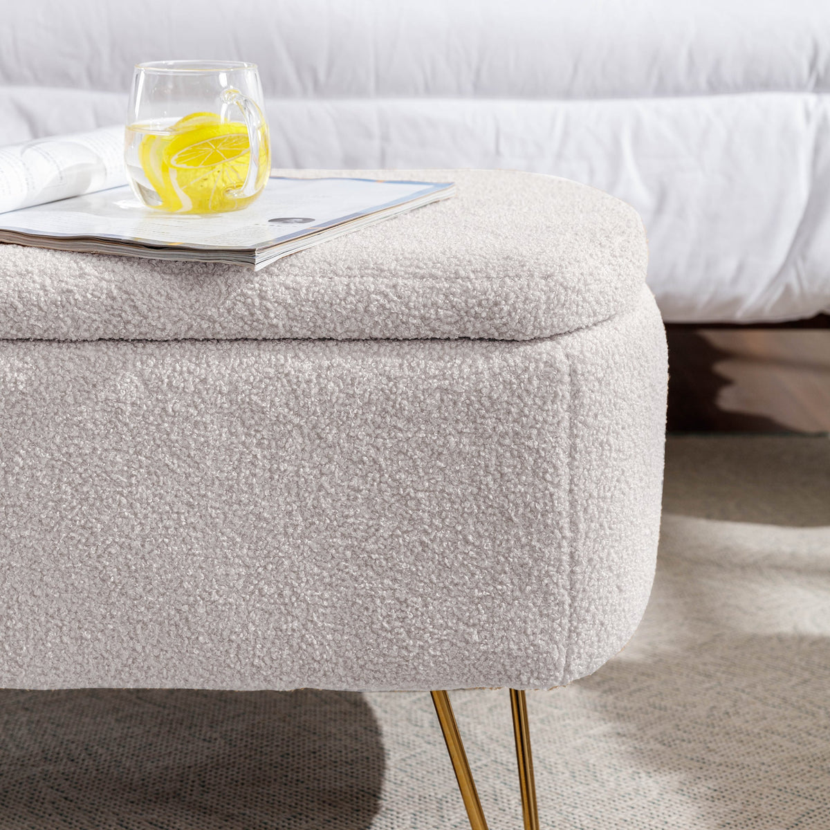 Ivory Boucle Storage Ottoman Bench with Gold Hairpin Legs