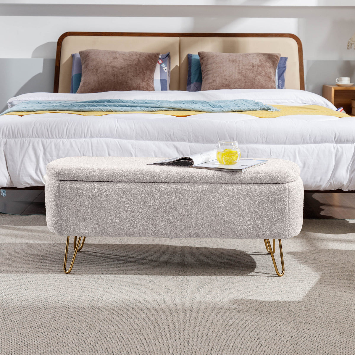 Ivory Boucle Storage Ottoman Bench with Gold Hairpin Legs