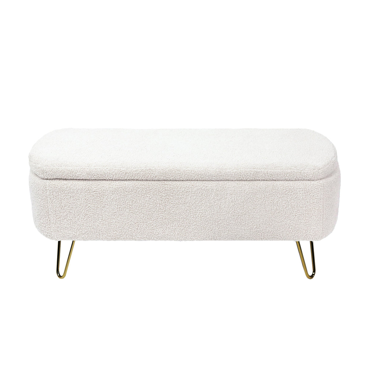 Ivory Boucle Storage Ottoman Bench with Gold Hairpin Legs
