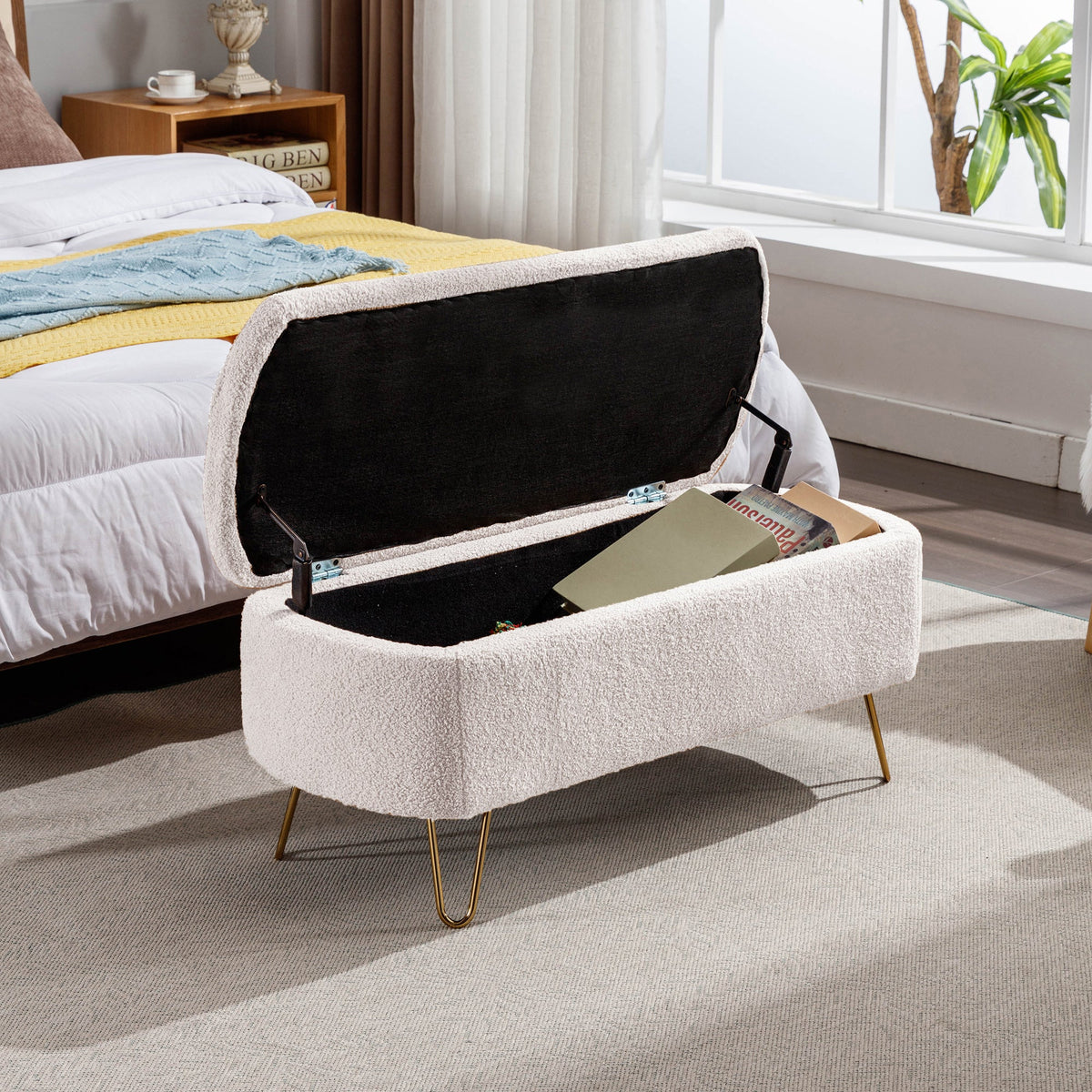 Ivory Boucle Storage Ottoman Bench with Gold Hairpin Legs