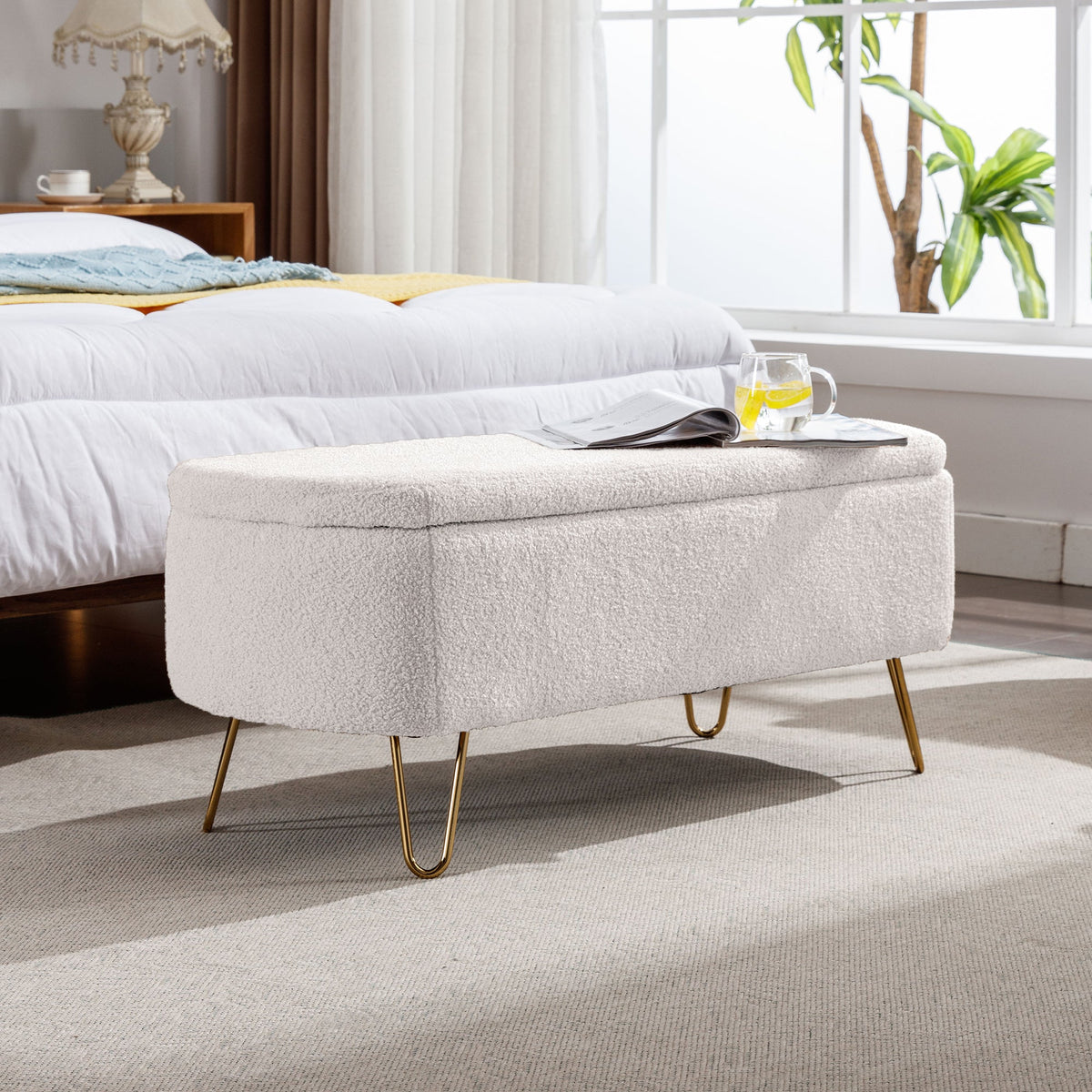 Ivory Boucle Storage Ottoman Bench with Gold Hairpin Legs