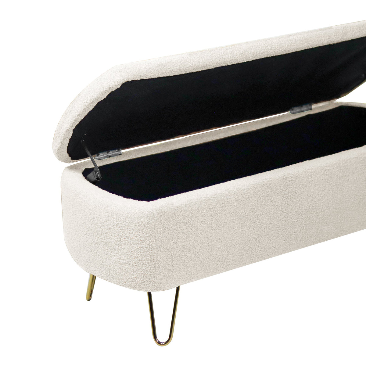 Ivory Boucle Storage Ottoman Bench with Gold Hairpin Legs