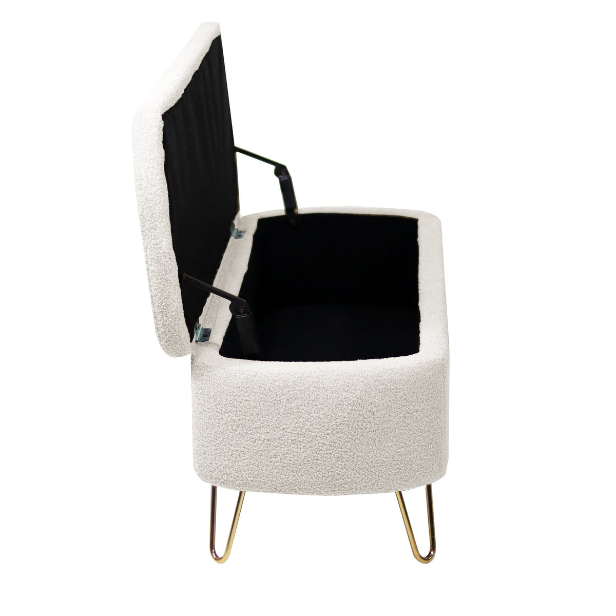 Ivory Boucle Storage Ottoman Bench with Gold Hairpin Legs