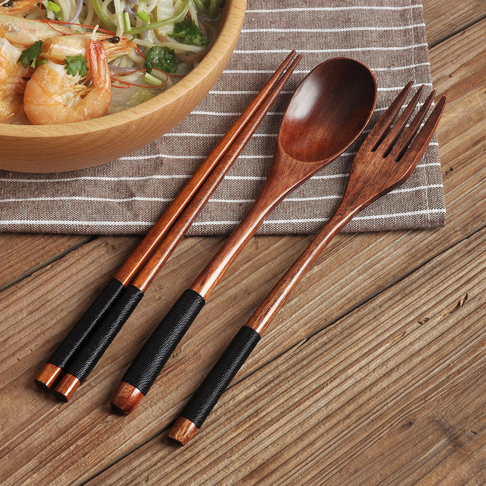 Wooden Japanese Spoon Chopsticks Set, Portable 3-Piece