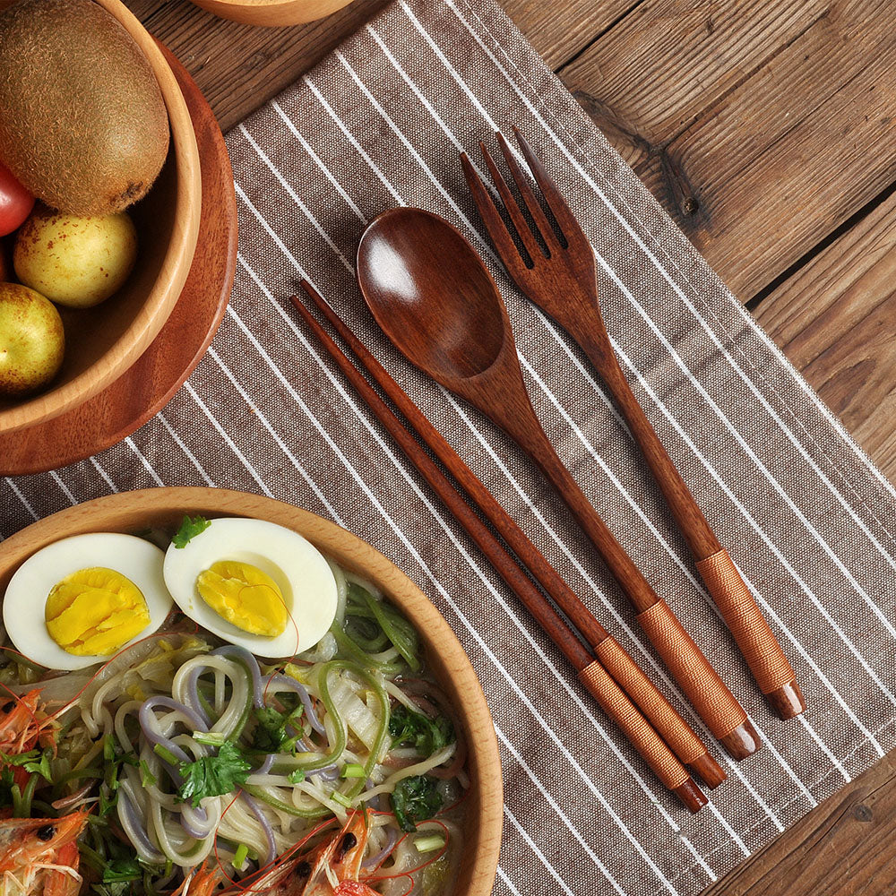 Wooden Japanese Spoon Chopsticks Set, Portable 3-Piece