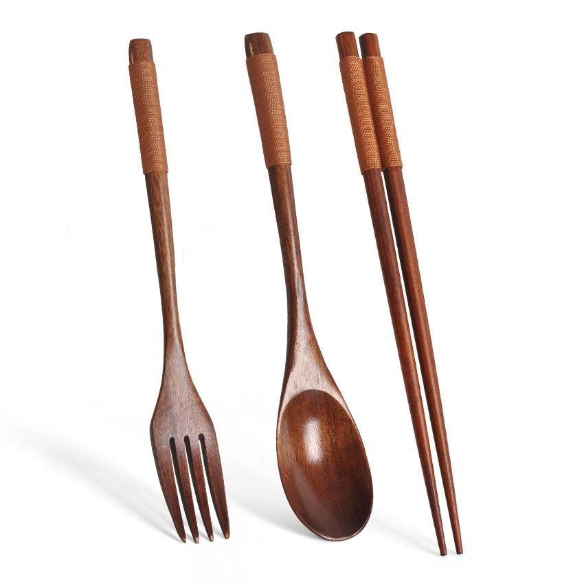 Wooden Japanese Spoon Chopsticks Set, Portable 3-Piece