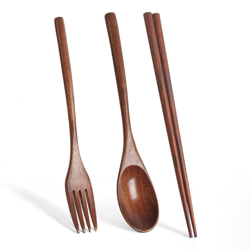 Wooden Japanese Spoon Chopsticks Set, Portable 3-Piece