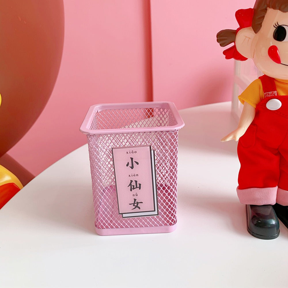 Pink Mesh Pencil Holder Cute Desk Organizer for Students