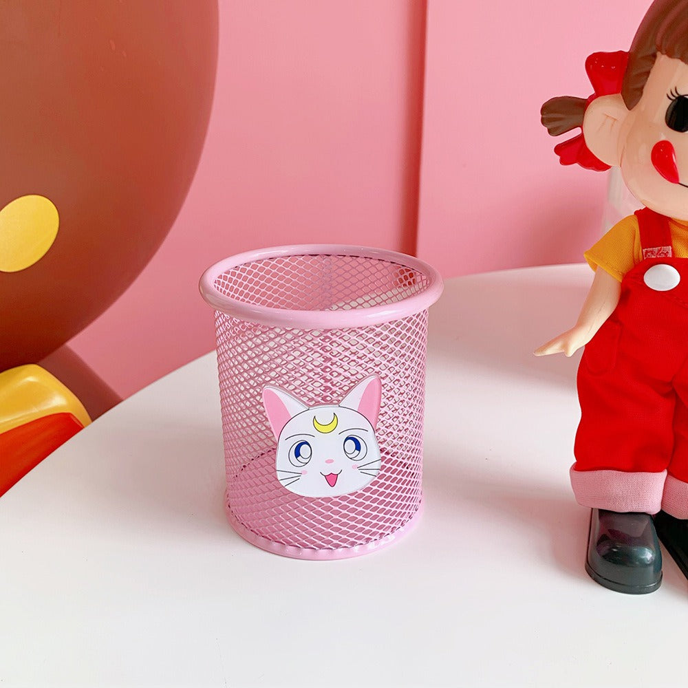 Pink Mesh Pencil Holder Cute Desk Organizer for Students