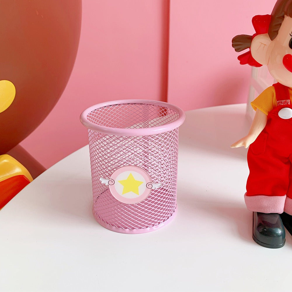 Pink Mesh Pencil Holder Cute Desk Organizer for Students