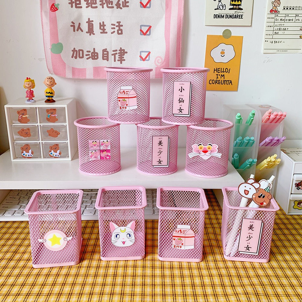 Pink Mesh Pencil Holder Cute Desk Organizer for Students