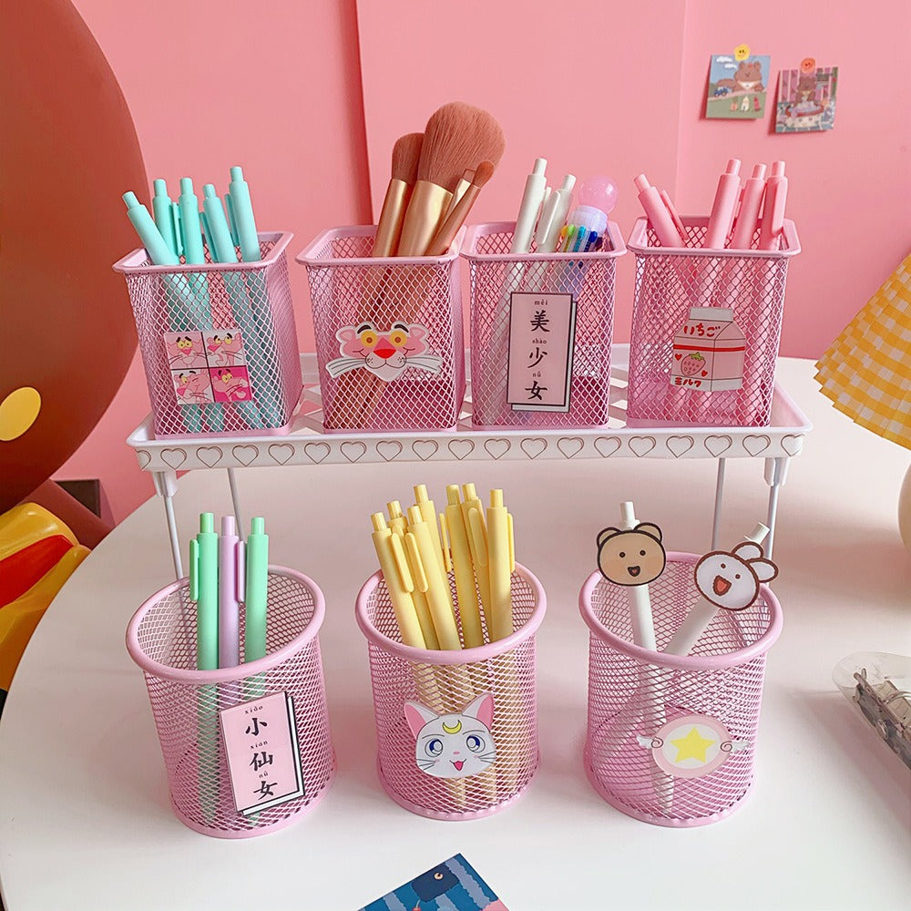 Pink Mesh Pencil Holder Cute Desk Organizer for Students