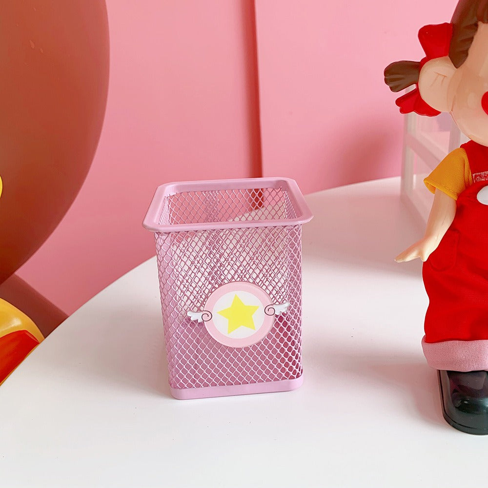 Pink Mesh Pencil Holder Cute Desk Organizer for Students