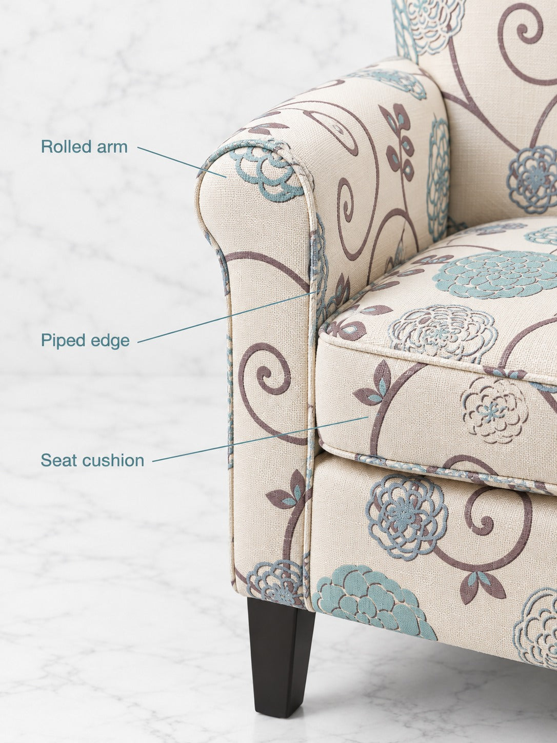 Floral Accent Club Chair with Rolled Arms and Wood Legs