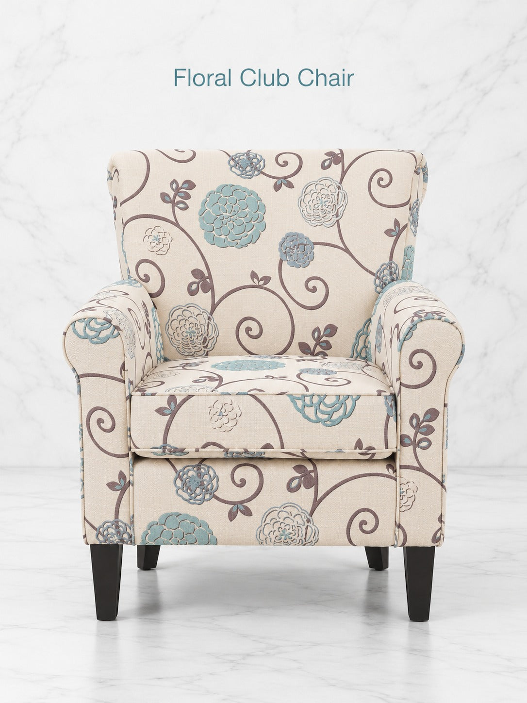 Floral Accent Club Chair with Rolled Arms and Wood Legs